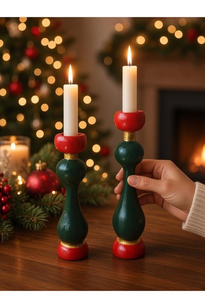 Nakkaş Home Collection İkili Dekoratif Mumluk Seti – Kırmızı & Yeşil, 19 cm v...