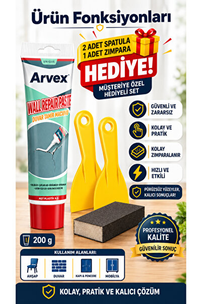 ARVEX Duvar Tamir Onarım Macun Seti Beyaz Renk 2 Spatula ve 1 Zımpara Seti 20...