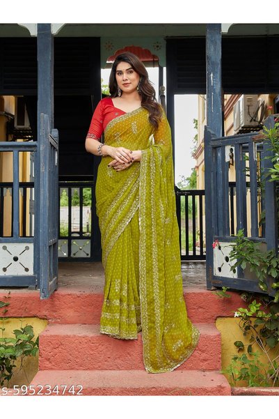 Generic Brand Fancy Traditional Floral Print Saree with Embroidered Sequence ...