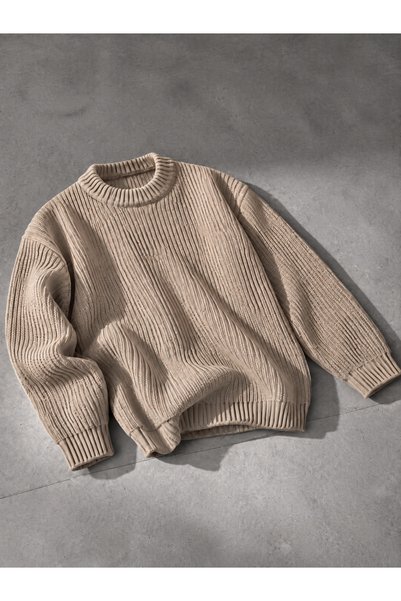 DepoExport Erkek Premium Oversize Yumuşak Bisiklet Yaka Triko Kazak