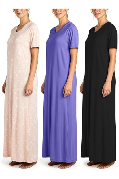 Real Essentials Women's Re Ladies Maxi Crew Ss Nightshirt Nightgown (pack of 3)