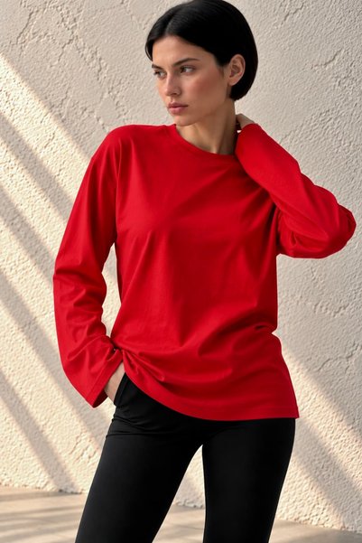 bb butik basic Women's Tok Textured Combed Cotton Basic Blouse Loose Sleeves Crew Neck My7204