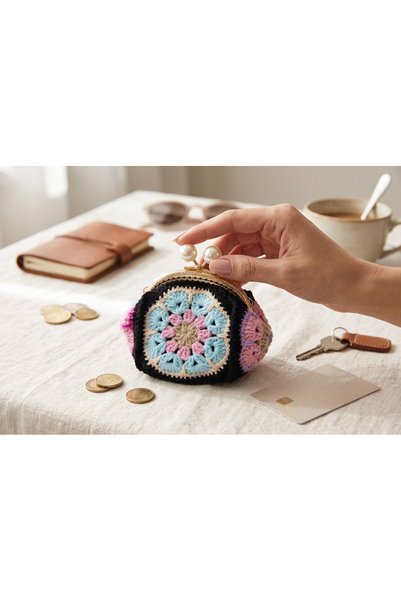 Crochet Bilgen El Örgüsü Çiçek Motifli İnci Klipsli Bozuk Para Cüzdanı – Renk...