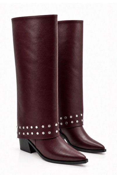 İX Siesta Women's Burgundy Leather Metal Stud Detailed 2-in-1 Versatile Detac...