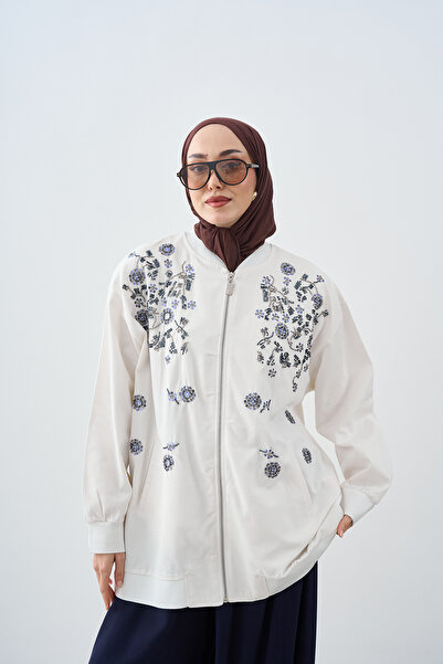 LOCCO Jachetă de damă cu fermoar și broderie cu pietre, albă