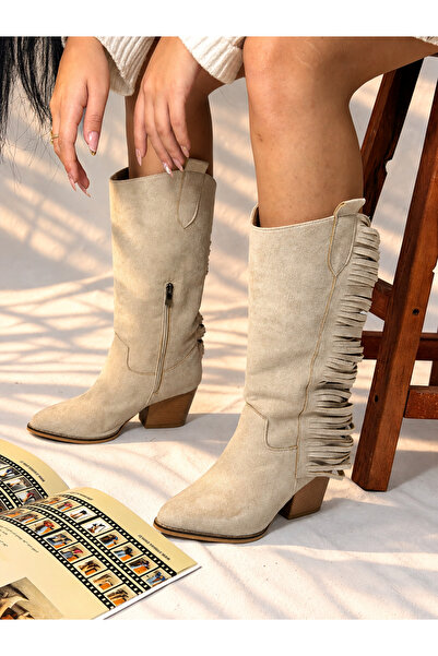 irmona Rodeo Beige Suede 6 cm Heel with Tassel Detail Women's Boots