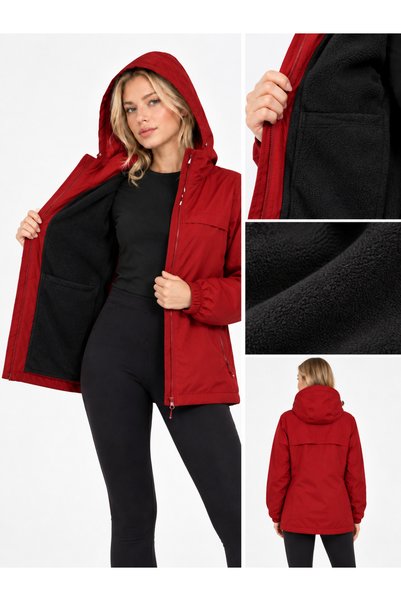 modazoom Unisex İçi Polarlı Su Geçirmez Kapüşonlu Kırmızı Yağmurluk Mont