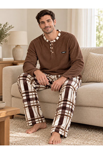 Lena Homewears Men's Plaid Detailed Buttoned Long Sleeve Fleece Pajama Set