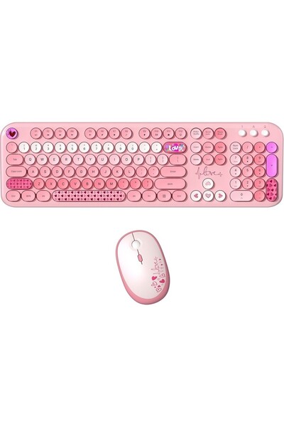Mofii Lovely Kablosuz Klavye Mouse Seti 2.4g Retro Daktilo Yuvarlak Tuşlu 104 Tuş Renkli Set Pembe