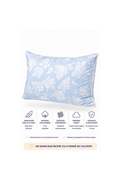 OEM Pernă UPerne 50×70 cm, 80% pene și 20% puf, 100% bumbac, Albastru Floral
