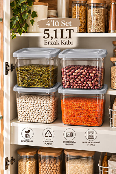 Porsima 0976 4'lü Kare Erzak Saklama Kabı Seti 5,1 LT Cool Gri - Şeffaf Bakliyat, Deterjan & Mutfak Düzenleyici Kutu