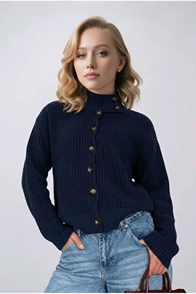Gülçin Coşkun High-Necked Collar Fit and Flare Buttoned Women's Knitwear Card...