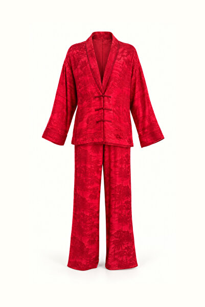 Sezgi Tekin Red Jacquard Suit with Knot Buttons