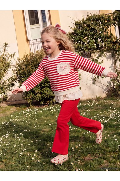 LC Waikiki NEVAVM Farkıyla LCW Kids طقم بنطلون ضيق أحمر مكشكش للفتيات