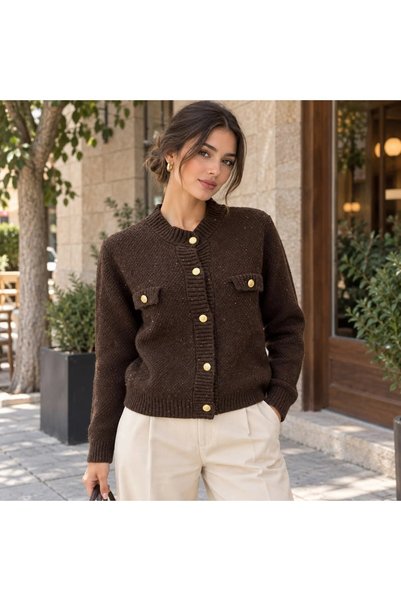 Park Karon Women's Premium Viscose Blended Gold Buttoned Knitwear Jacket - Standard Size Cardigan 8750