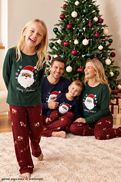 Siyah İnci Yeşil Yılbaşı Temalı Termal Kumaşlı Ultra Soft Yumuşak Örme Annek-Kız Pijama Takımı26226928-1
