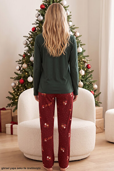 Siyah İnci Yeşil Yılbaşı Temalı Termal Kumaşlı Ultra Soft Yumuşak Örme Annek-Kız Pijama Takımı26226928-1