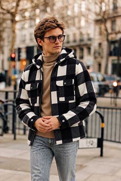 DAMGA JEANS Cămașă neagră în carouri cu glugă și fermoar pentru bărbați