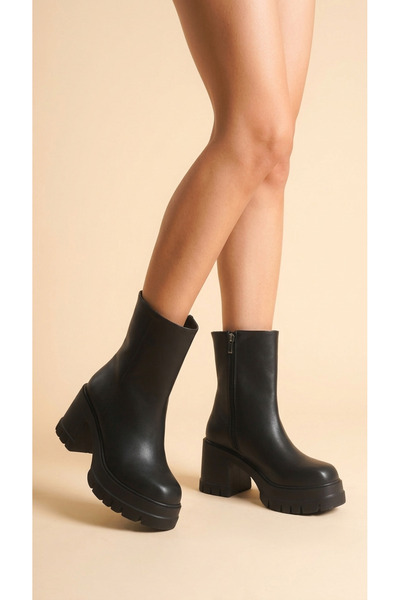 Moda Lime Leather Look Side Zipper High Thick Heeled Winter Women's Short Boo...