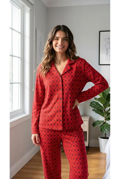 TrendModessa Women's Red Bow-Knot Heart Pattern Soft Winter Pajamas Set