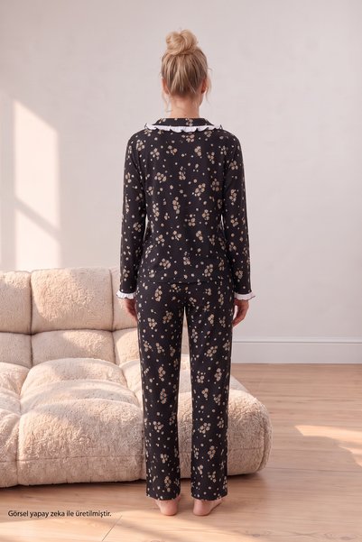 Siyah İnci Siyah Çiçek Desenli Bürümcük-Krınkıl Düğmeli Fırfırlı Pijama Takım 26223941-5