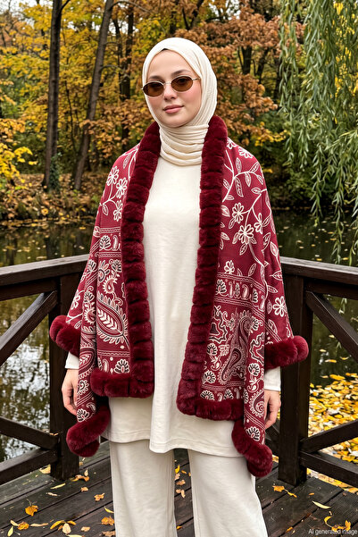 REMSA Women's Floral Patterned Woven Poncho Pnc06 Claret Red