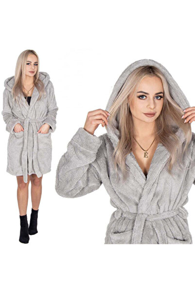 MyOfficeShop Halat de baie de damă, până la genunchi, cu glugă, mărimea S/M, gri