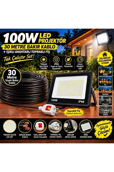 ECONA 30 METRE 100 W KABLOLU IŞIKLI ANAHTARLI Seyyar Led Projektör Aydınlatma. Seyyar Aydınlatma Su Geçirmez Dış Mekan IP66,BEYAZ Çok güçlü Işık,Güçlü Bahçe ve İnşaat Aydınlatması