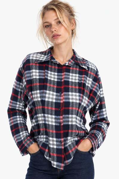 HAKKE Plaid Striped Waist-Slit Shirt