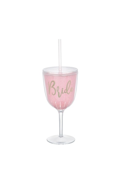 OEM Pahar din Plastic pentru Vin Roz cu Pai Folie Aurie "Bride" - 400 ml