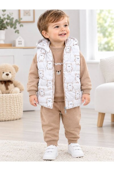 bubiee baby Erkek Bebek Sevimli Ayıcık Baskılı Kapüşonlu Yelekli 3'lü Sweatsh...
