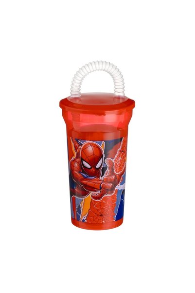 OEM Pahar Albastru din Plastic cu Capac & Pai Spiderman 400 ml