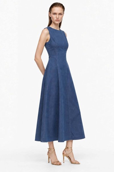 HAKKE Kadın Kolsuz Kloş Denim Maxi ELBİSE