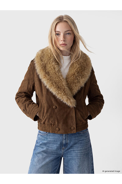 LC Waikiki Nevavm Farkıyla Xside Brown Fur Collar Women's Suede Look Coat