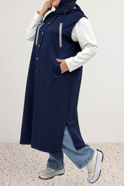 Eslina 64005 Large Size Buttoned Hooded Modal Vest - Navy Blue