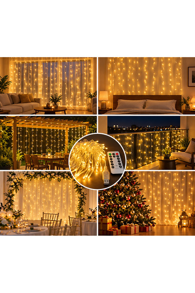 3x3 Metre Kumandalı LED Perde Işık 8 Modlu Gün Işığı Dekoratif Peri Led Aydınlatma Yılbaşı Düğün Balkon Oda ve Ev Süsleme