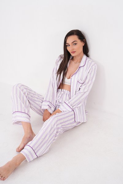 LULUS FRİENDS Lulu's Friends Shirt Collar Front Buttoned Long Sleeve Pocketed Trouser Set Striped Logo and Heart Print Detailed Sleeve and Pocket Embroidery Detailed Woven Viscose Fabric Women's Pajama Set
