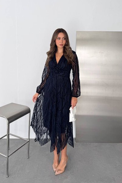 Neşeli Butik Γυναικείο μπλε ναυτικό φόρεμα με γκλίτερ, διπλό στήθος, λεπτομέρ...