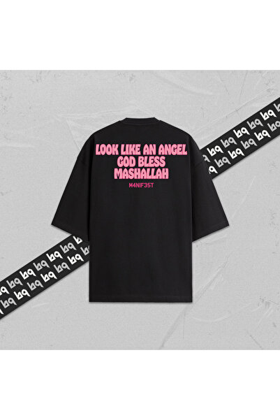 collection of bq Manifest Tralala Mashallah Unisex Written Back Printed Oversize T-Shirt 100% Cotton Crew Neck Black