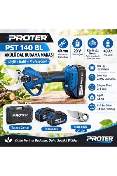 Proter Pst 140 Bl Akülü Dal Budama Makası 35MM 20V 40AH