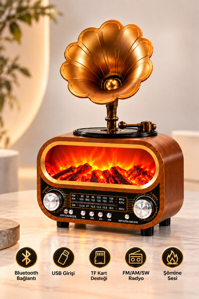Abbruch Retro Bluetooth Hoparlör Nostaljik Gramofon Radyo Şömine Efektli Ateş...