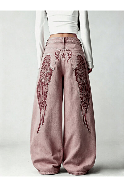 Yukatay Pembe Melek Kanatlı Unisex Y2K Pembe Baggy Jean-YUKATAY