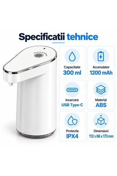 OEM Dozator automat de săpun spumă, senzor infraroșu, 300 ml, 4 niveluri de dozare, USB-C, 1200 mAh, IPX4, montare pe perete sau blat, alb