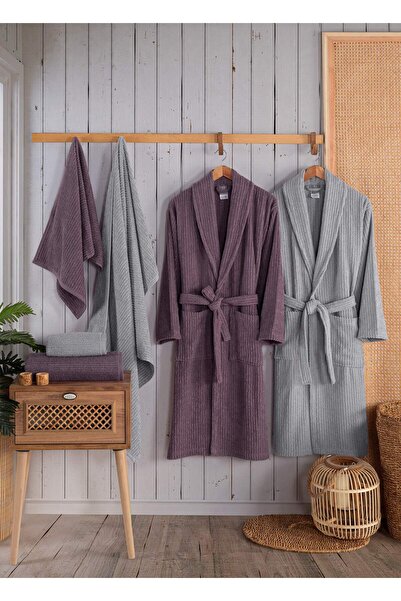 newhome Alfa 6 Piece Boxed 100% Cotton Luxury Family Bathrobe Set Plum-Grey