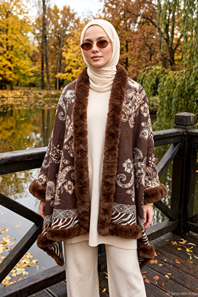 REMSA Women's Shawl Pattern Woven Poncho Pnc16 Brown