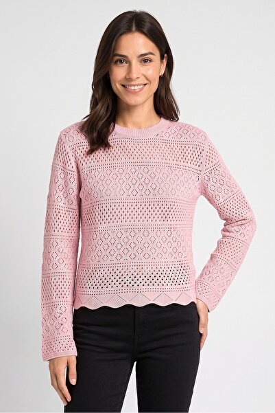 Threadbare Women Crew Neck Long Sleeve Crochet Sweater, Pink