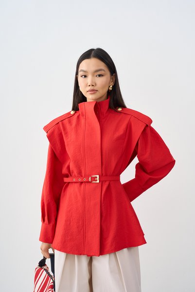 LOCCO Women's Shoulder Epaulettes Hidden Button Jacket Red
