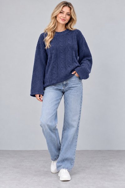 Focus Light Women's Indigo Hair Braid Patterned Oversize Crew Neck Long Sleev...