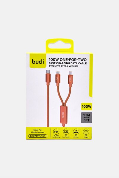 Budi 100W One For Two Fast Charging Data Cable, Orange