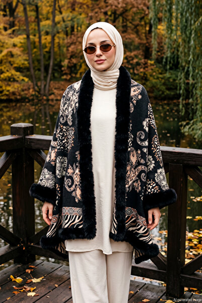 REMSA Women's Shawl Pattern Woven Poncho Pnc16 Black